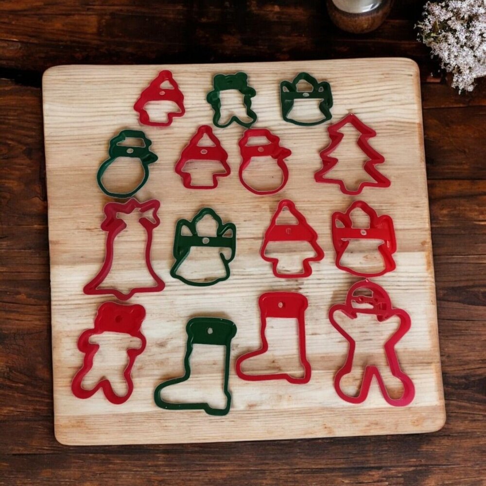 Vintage Red Green Plastic Christmas Cookie Cutters Tree Bell Gingerbread Snowman
